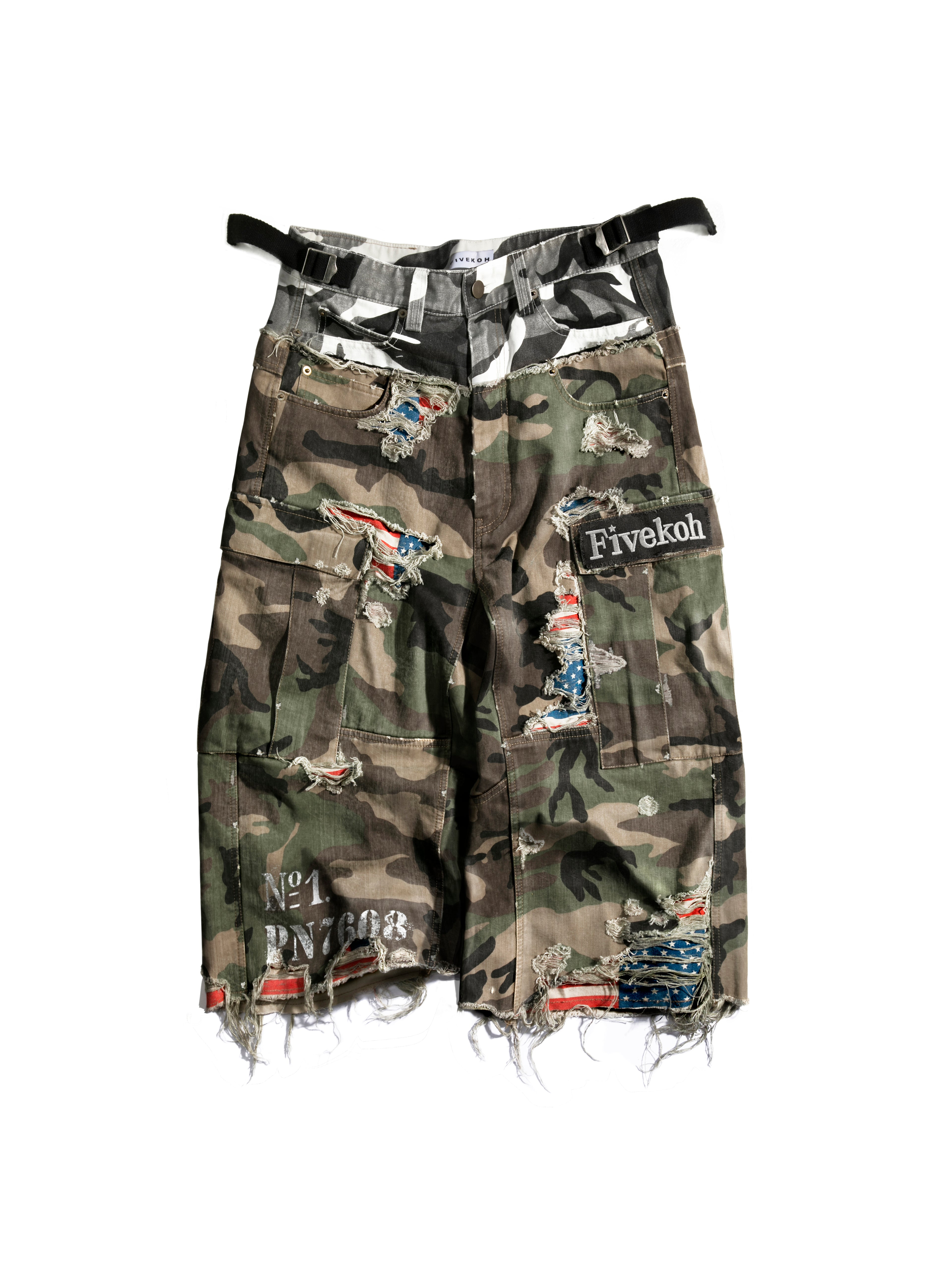 HAND DISTRESSED CAMO CARGO SHORTS