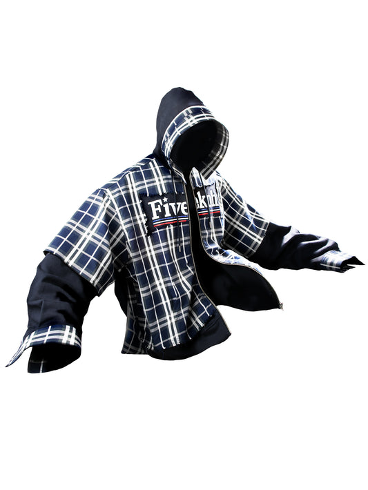 Reconstructed Plaid Patchwork Hooded Sweatshirt Jacket