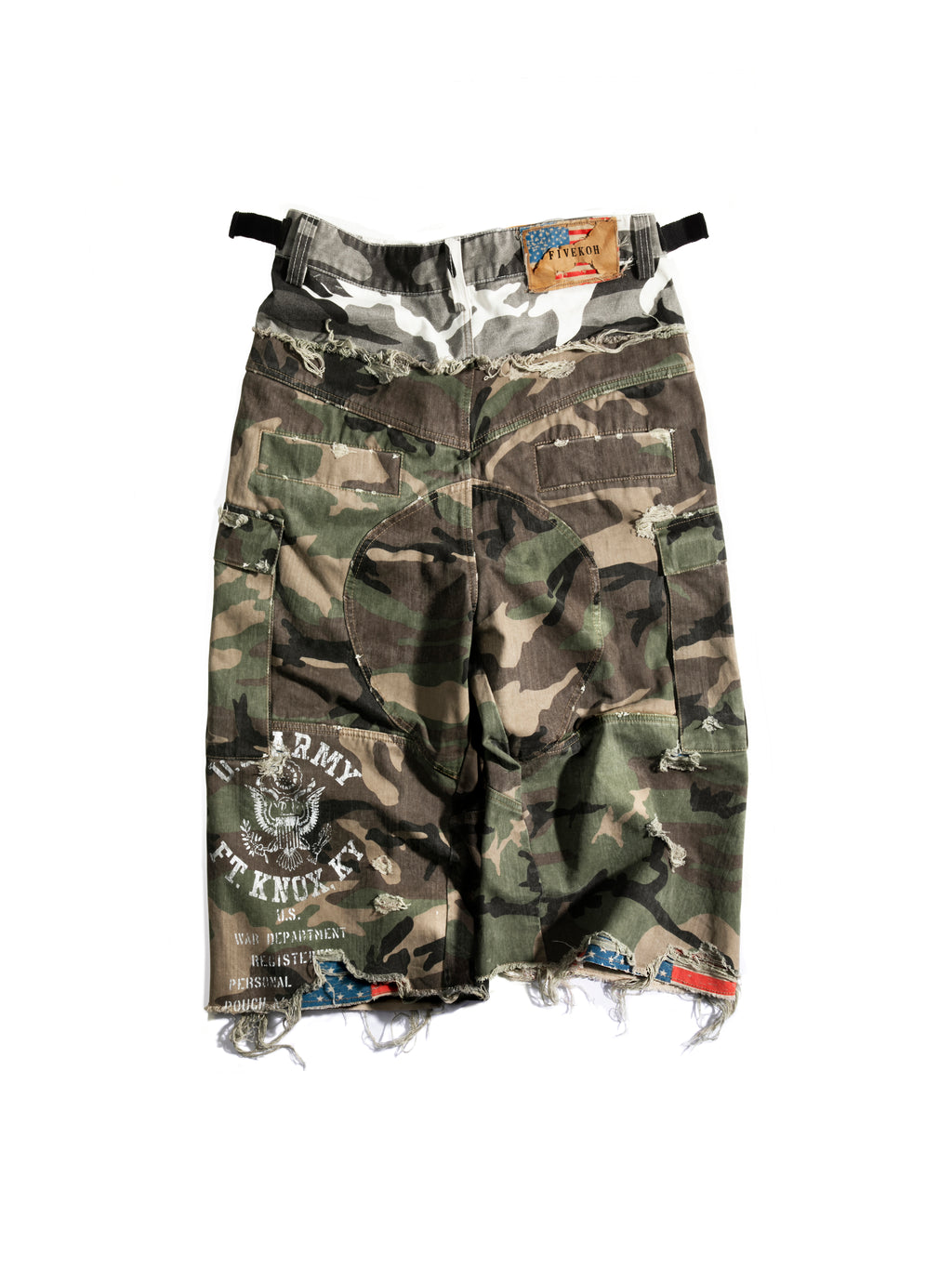 HAND DISTRESSED CAMO CARGO SHORTS