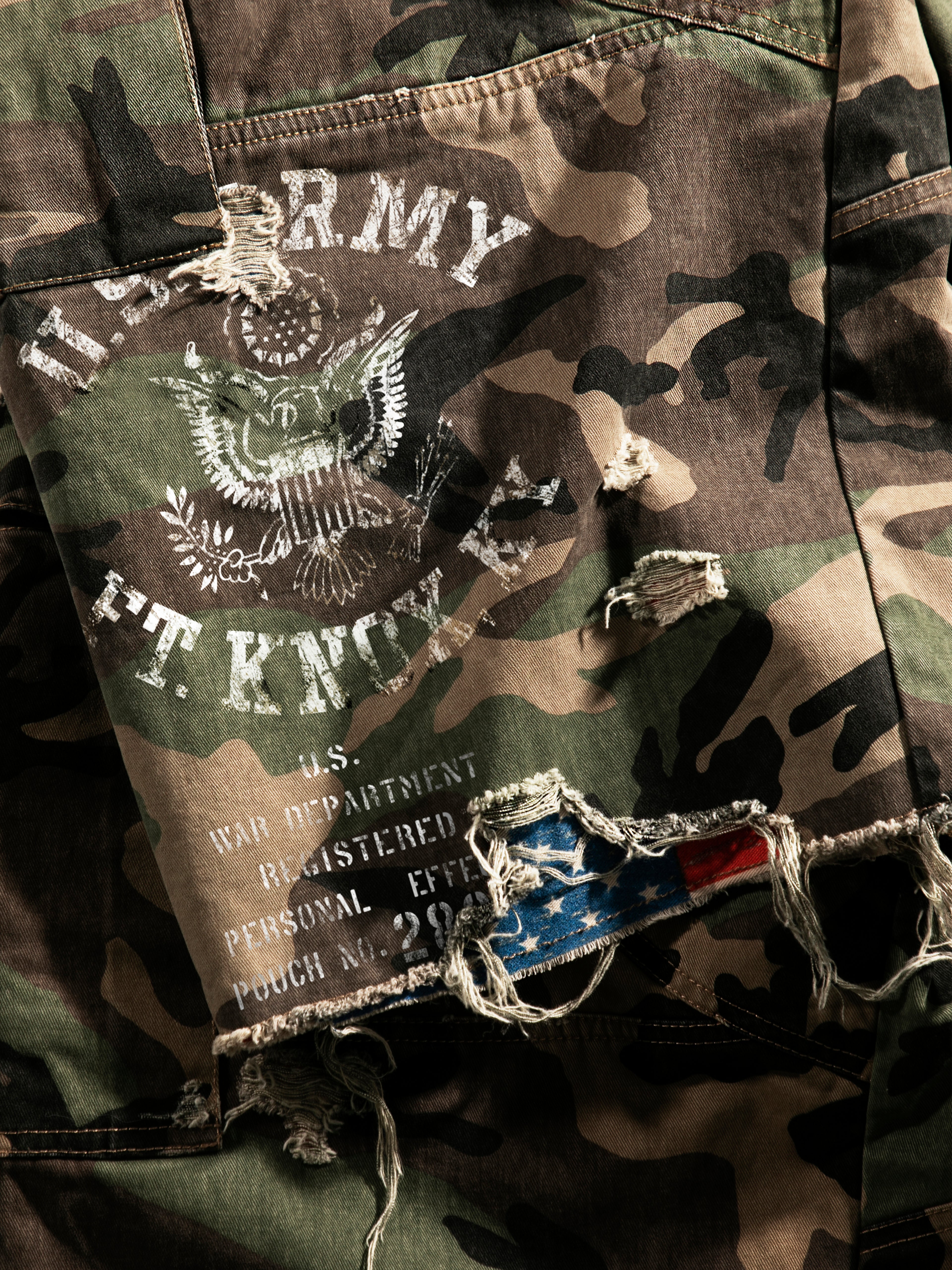 HAND DISTRESSED CAMO CARGO SHORTS
