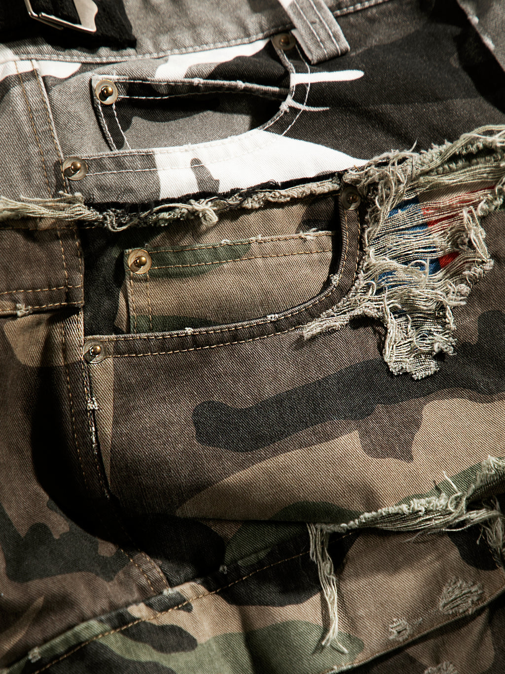 HAND DISTRESSED CAMO CARGO SHORTS